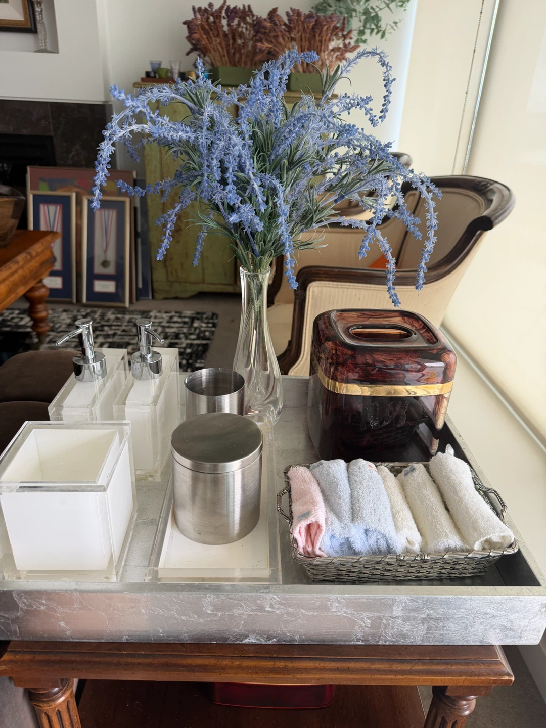 Decorative Tray Set with Soaps, Towels, and Tissues