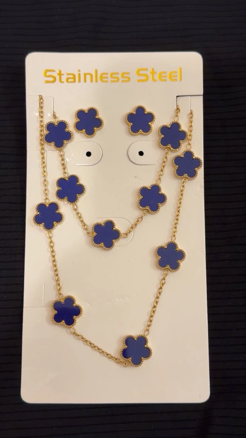 Blue Flower Necklace and Earring Set - Stainless Steel