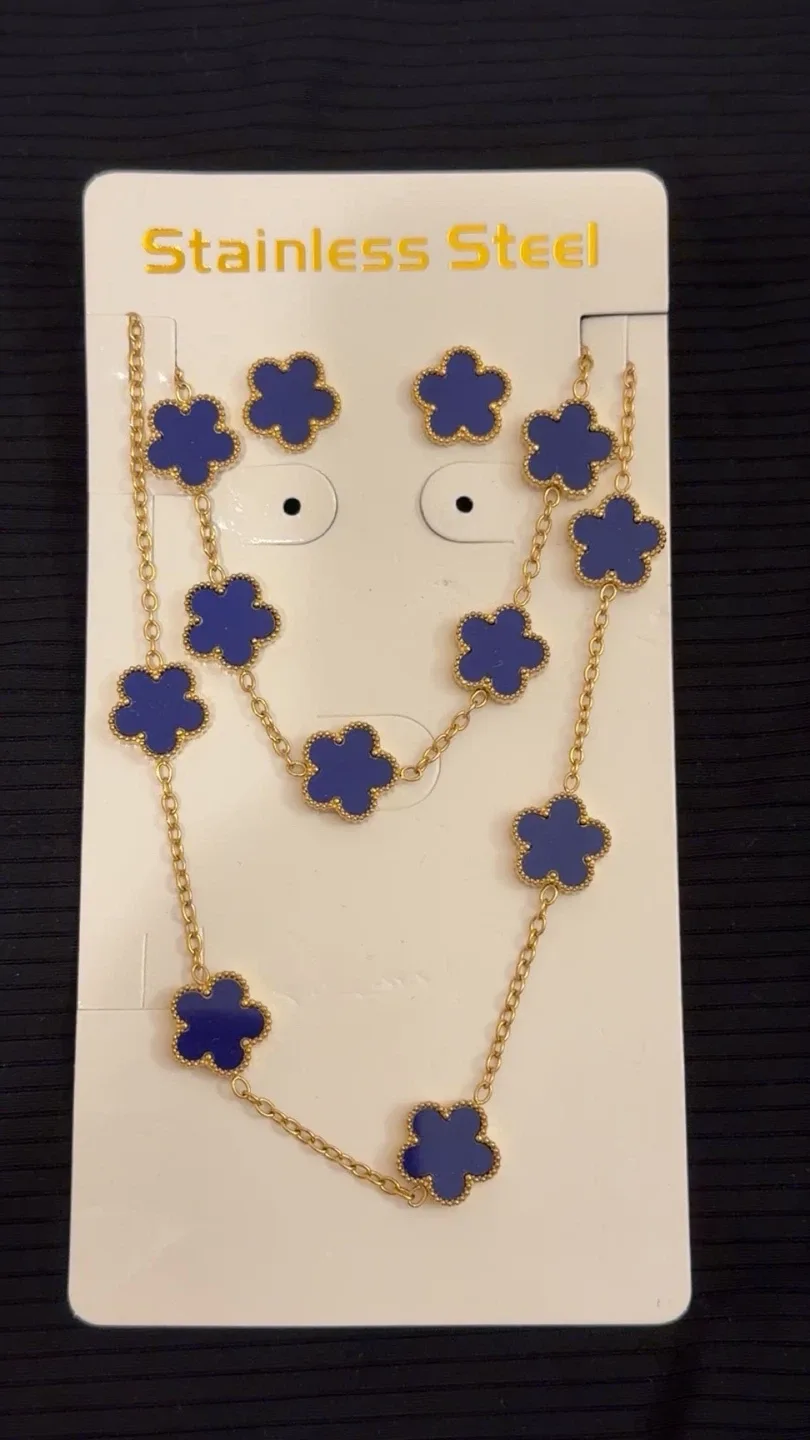 Blue Flower Necklace and Earring Set - Stainless Steel