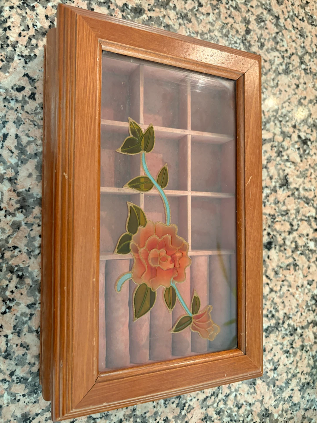 Wooden Jewellery Box with Glass Lid and Floral Design