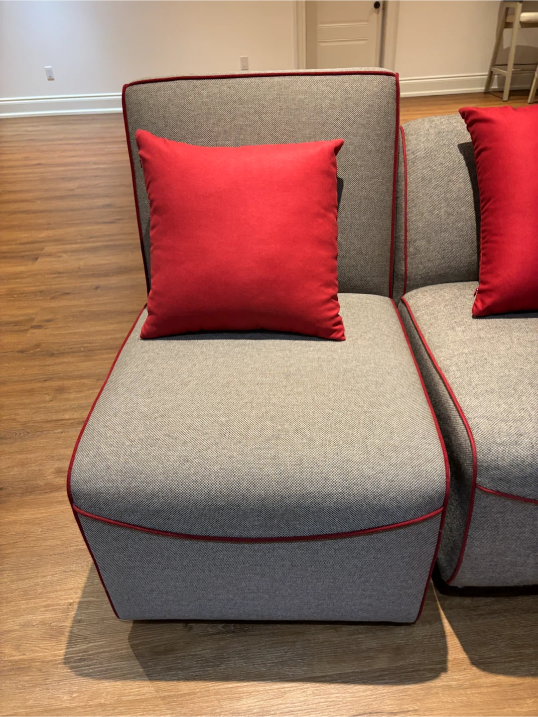 2 NEW Grey fabric accent chairs with red piping - photo 2