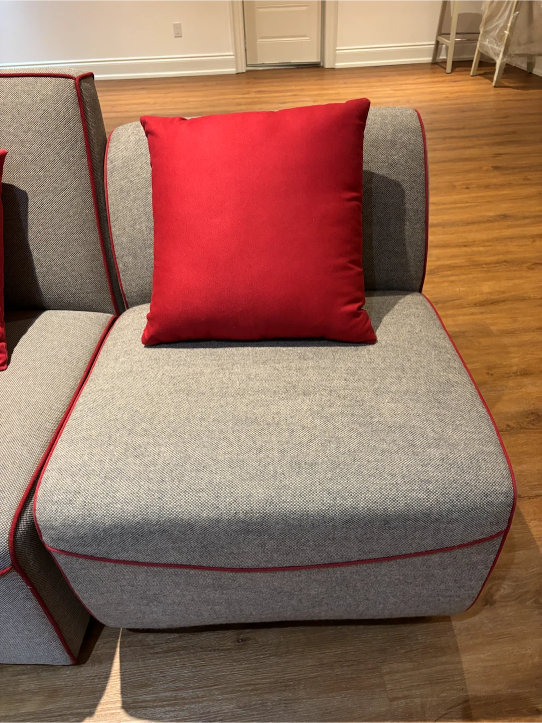 2 NEW Grey fabric accent chairs with red piping - photo 3