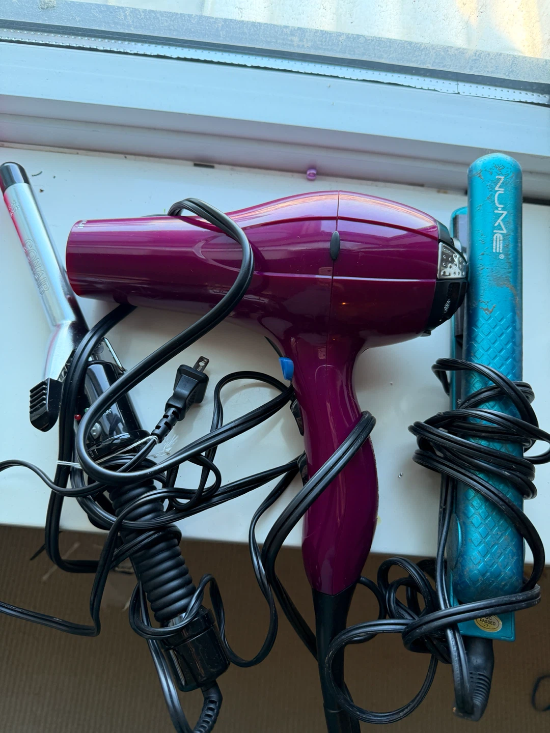 Conair Curling Iron, Nume Flat Iron, and Purple Hair Dryer Set