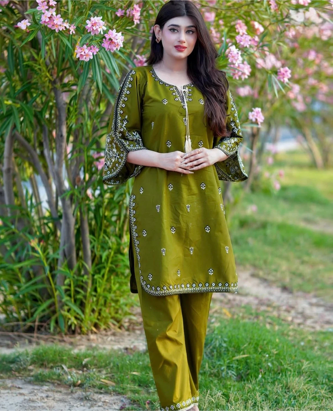 Olive Green 2 Pc Embroidered Kurti & Pants Set