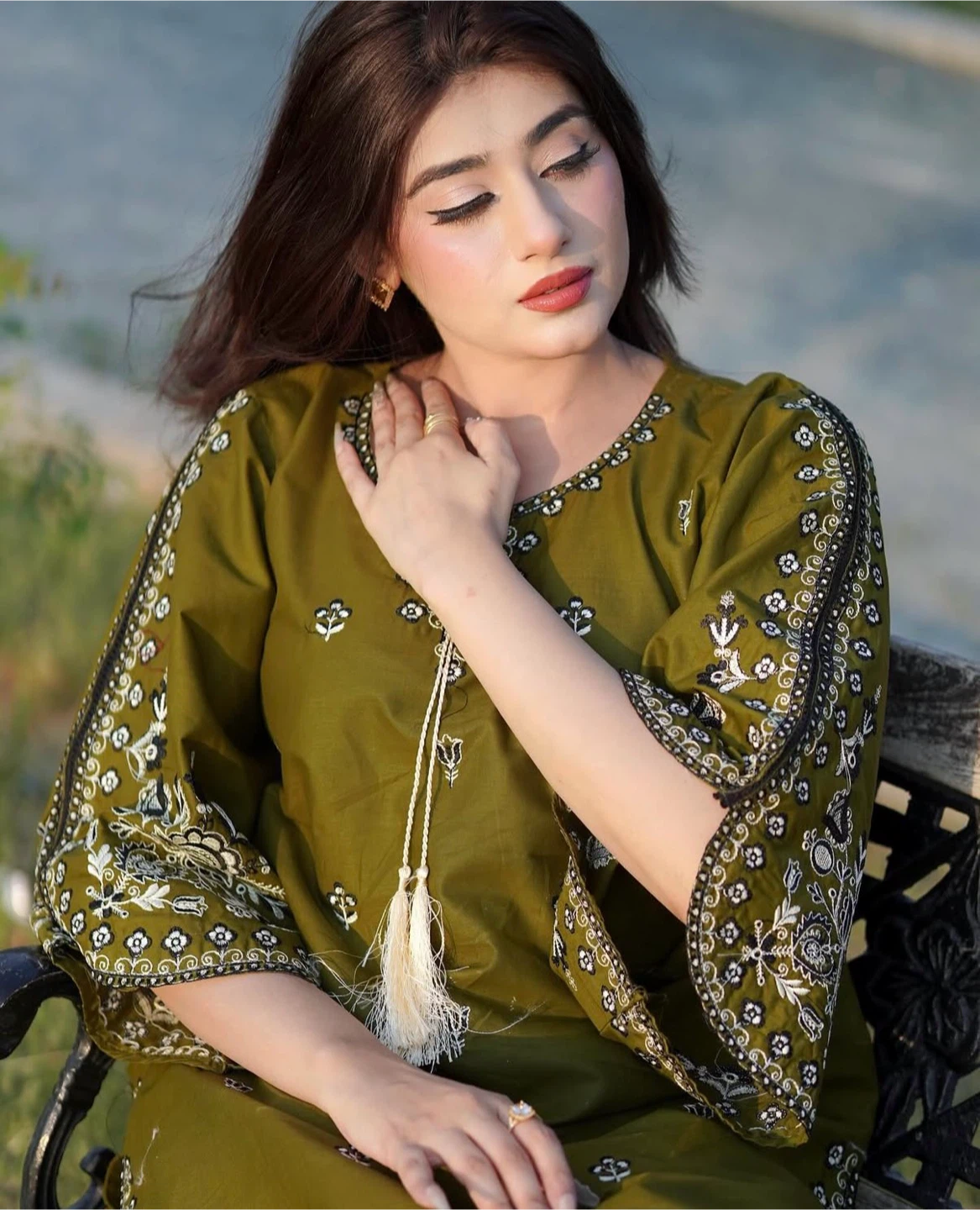 Olive Green 2 Pc Embroidered Kurti & Pants Set - photo 5