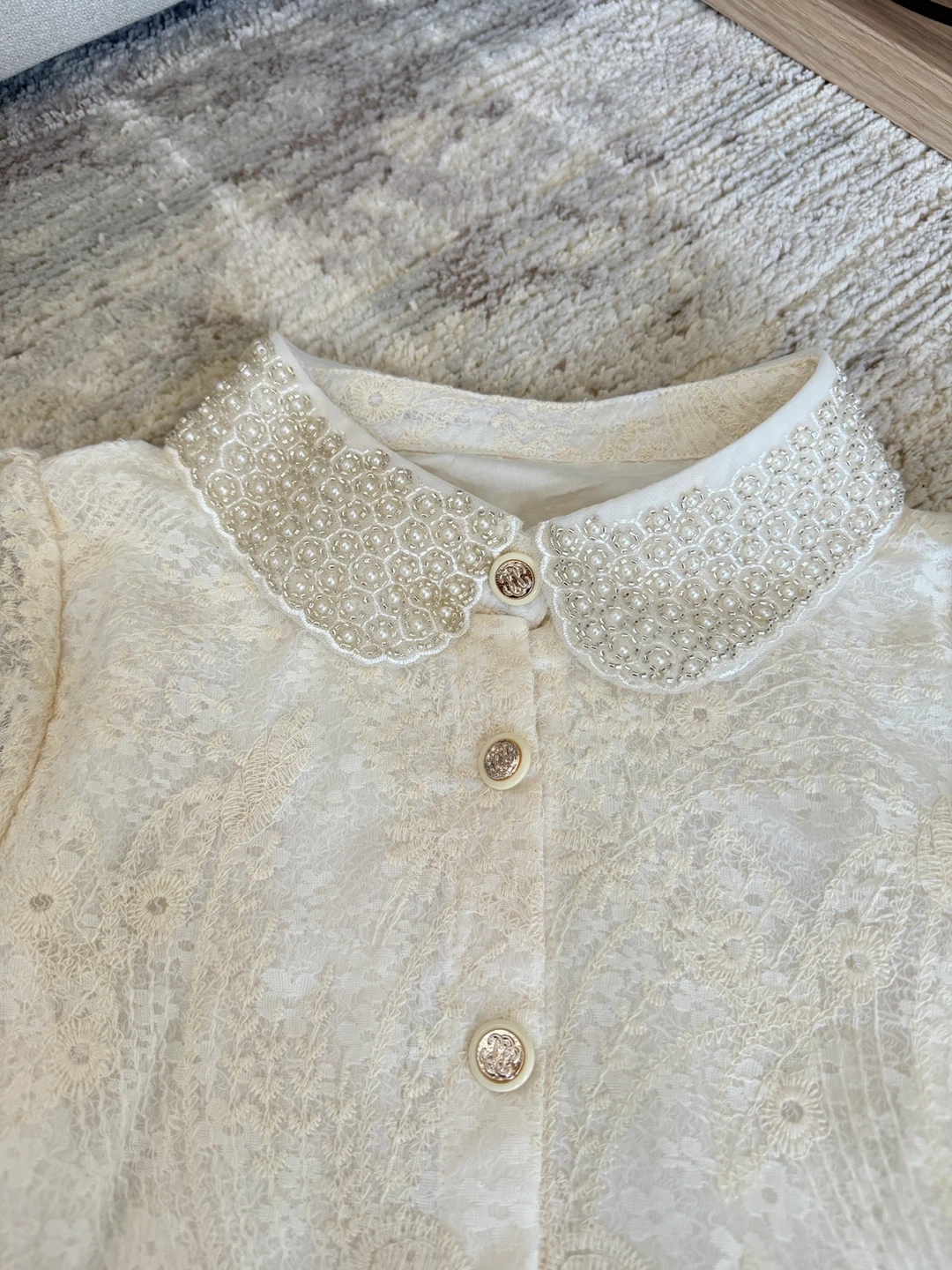 Heavy Embroidered Cream Lace Blouse with Pearl Collar