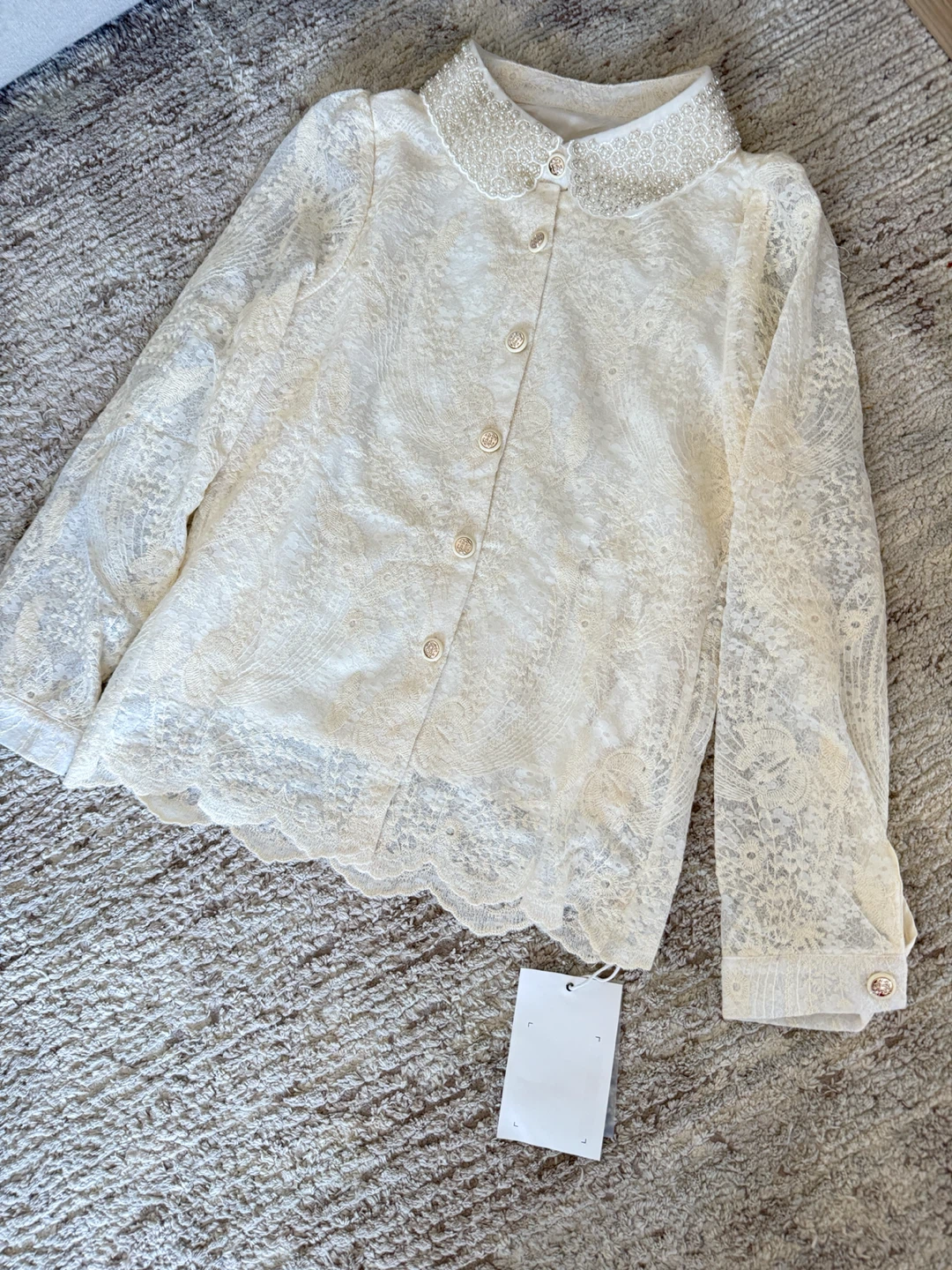 Heavy Embroidered Cream Lace Blouse with Pearl Collar - photo 2