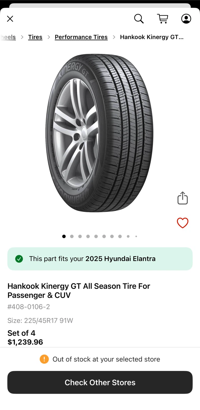 Hankook Kinergy GT All Season Tire Set of 4