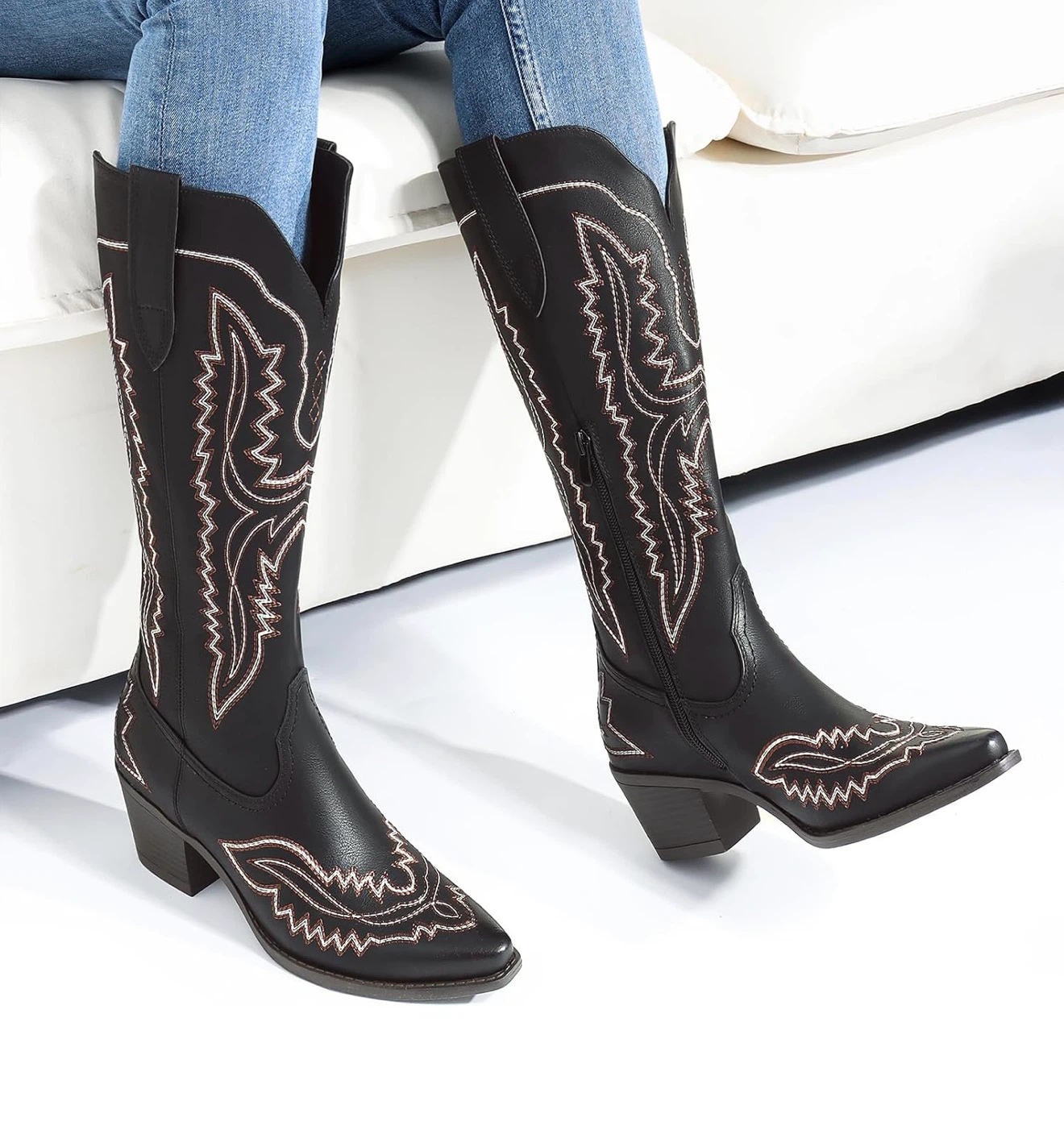 Black Cowboy Boots with White & Brown Stitching