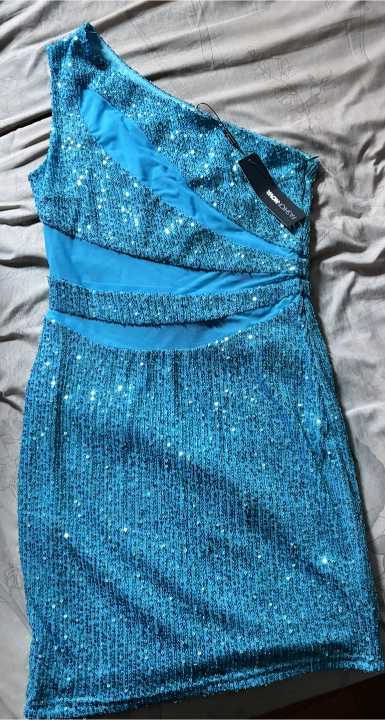 Fashion Nova Blue Sequin One-Shoulder Mini Dress