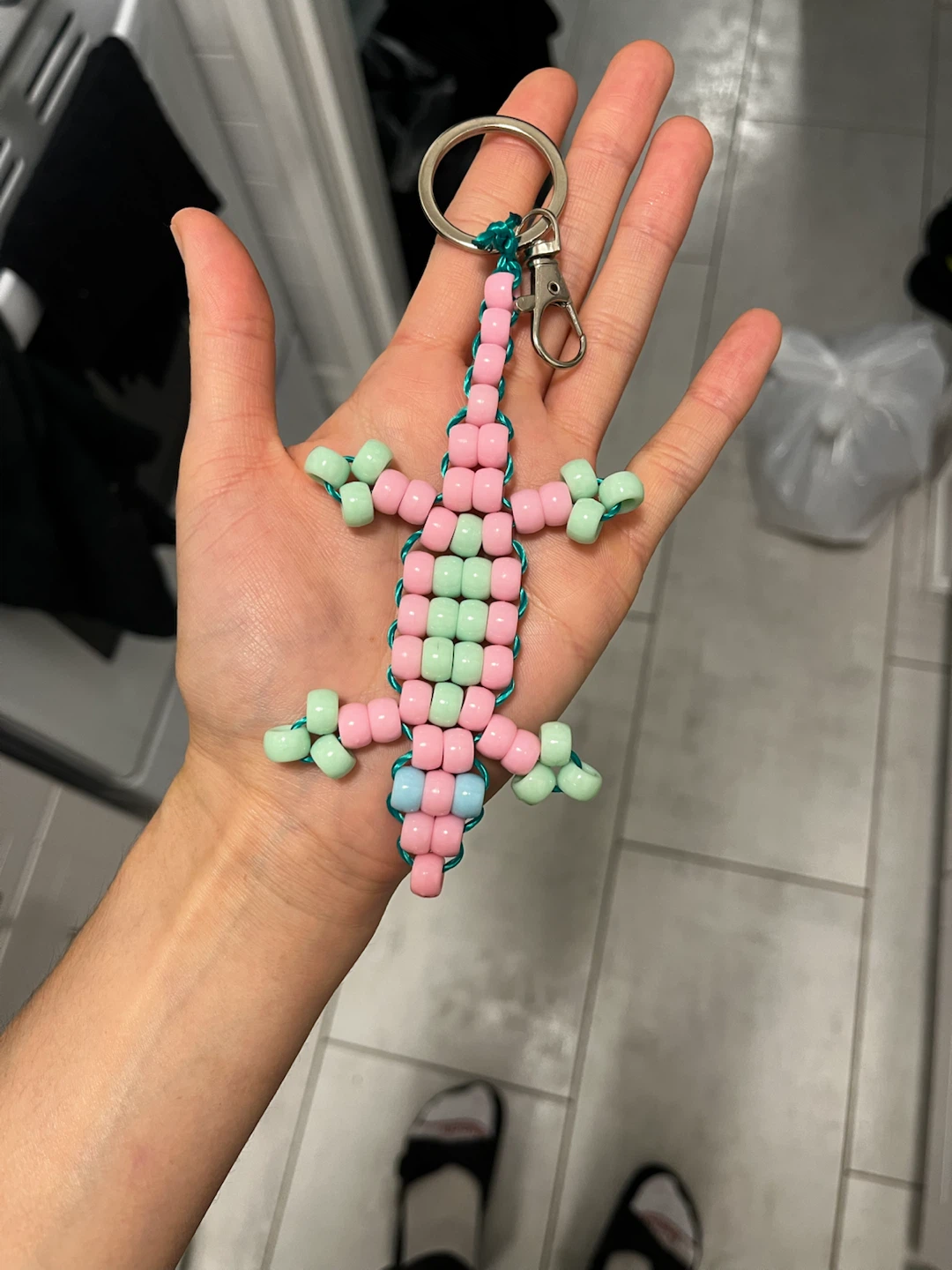 Handmade Pink and Green Lizard Perler Bead Keychain
