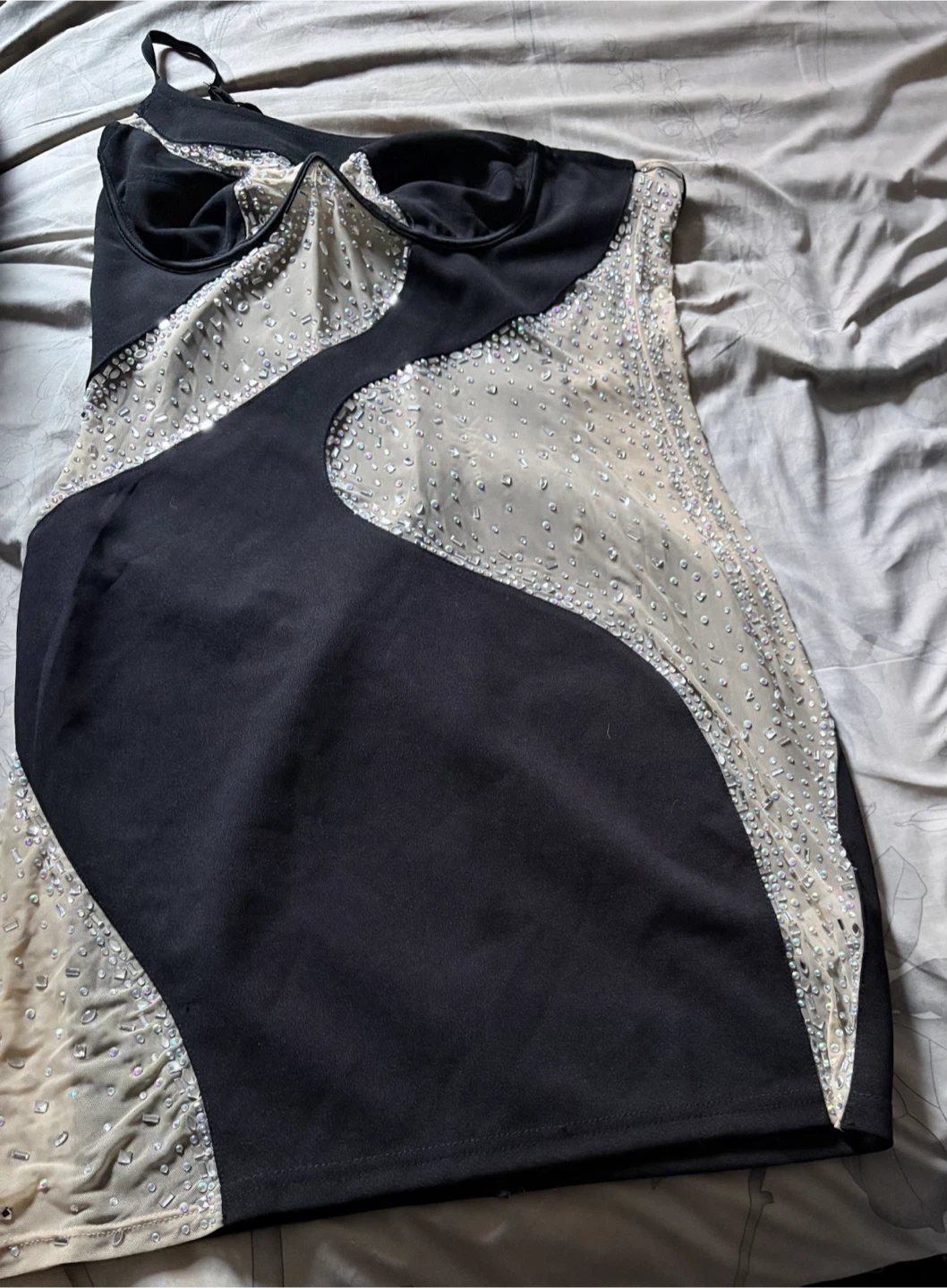 Black & Nude Mesh Rhinestone Dress