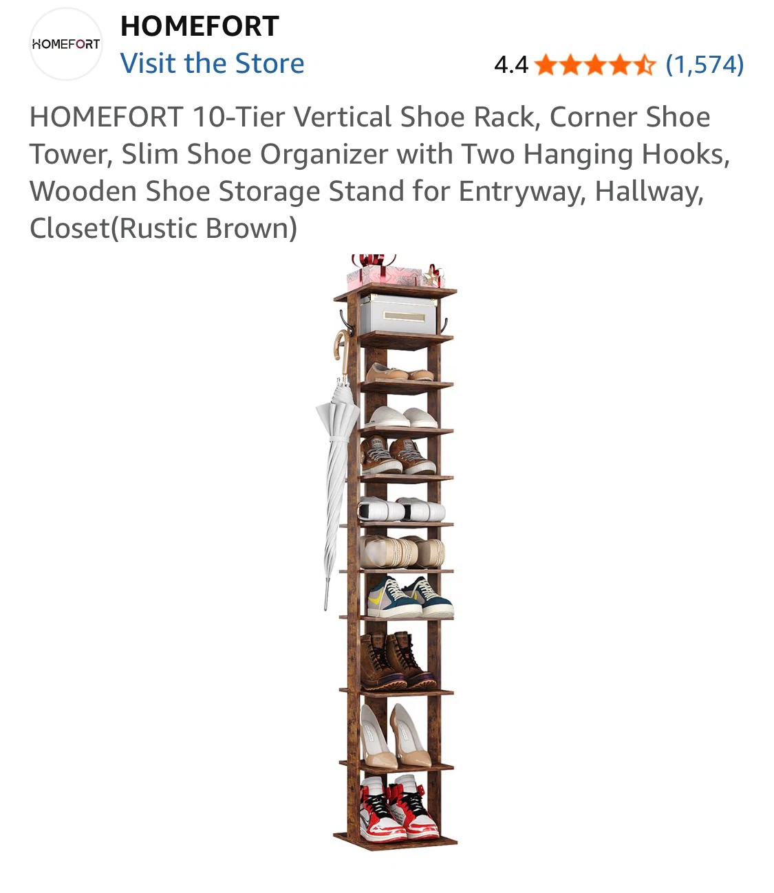 HOMEFORT 10-Tier Vertical Shoe Rack - Rustic Brown - photo 2