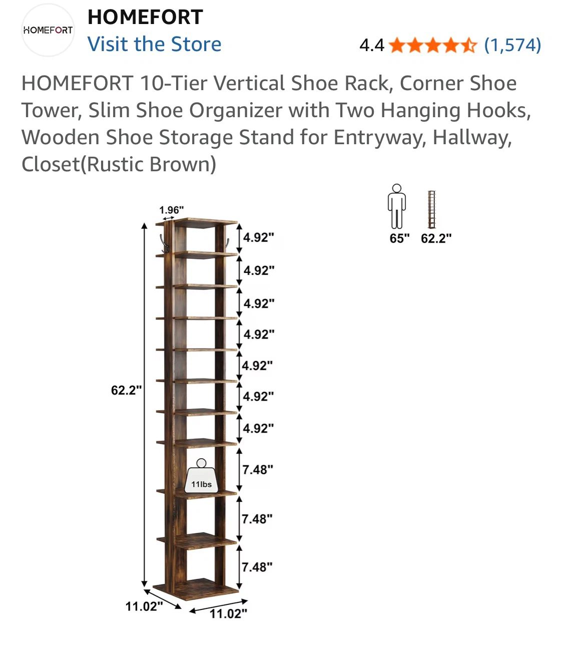 HOMEFORT 10-Tier Vertical Shoe Rack - Rustic Brown - photo 3