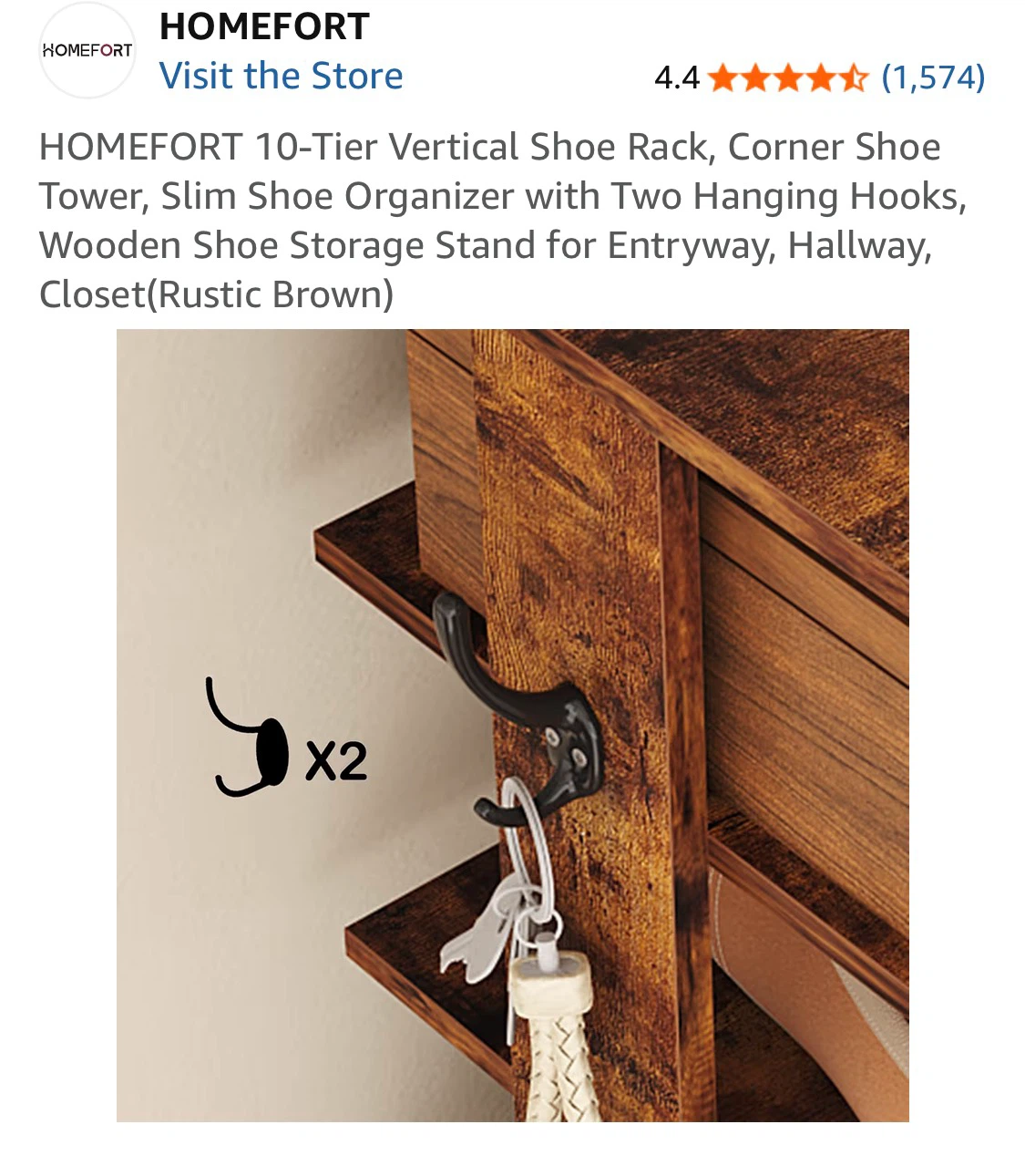 HOMEFORT 10-Tier Vertical Shoe Rack - Rustic Brown - photo 4