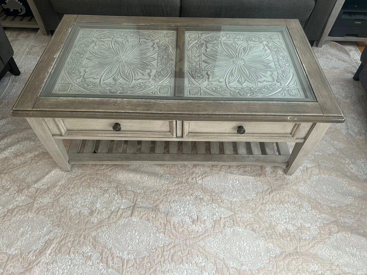 Farmhouse Coffee Table with 2 Drawers and Glass Top