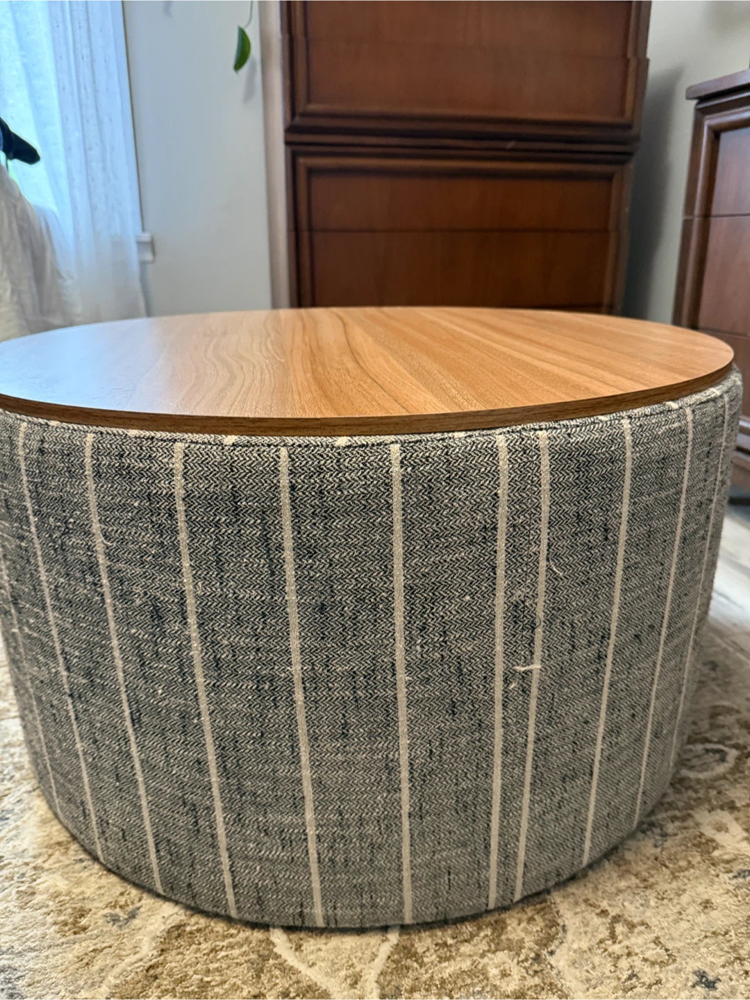 Round Storage Ottoman with Wood Lid