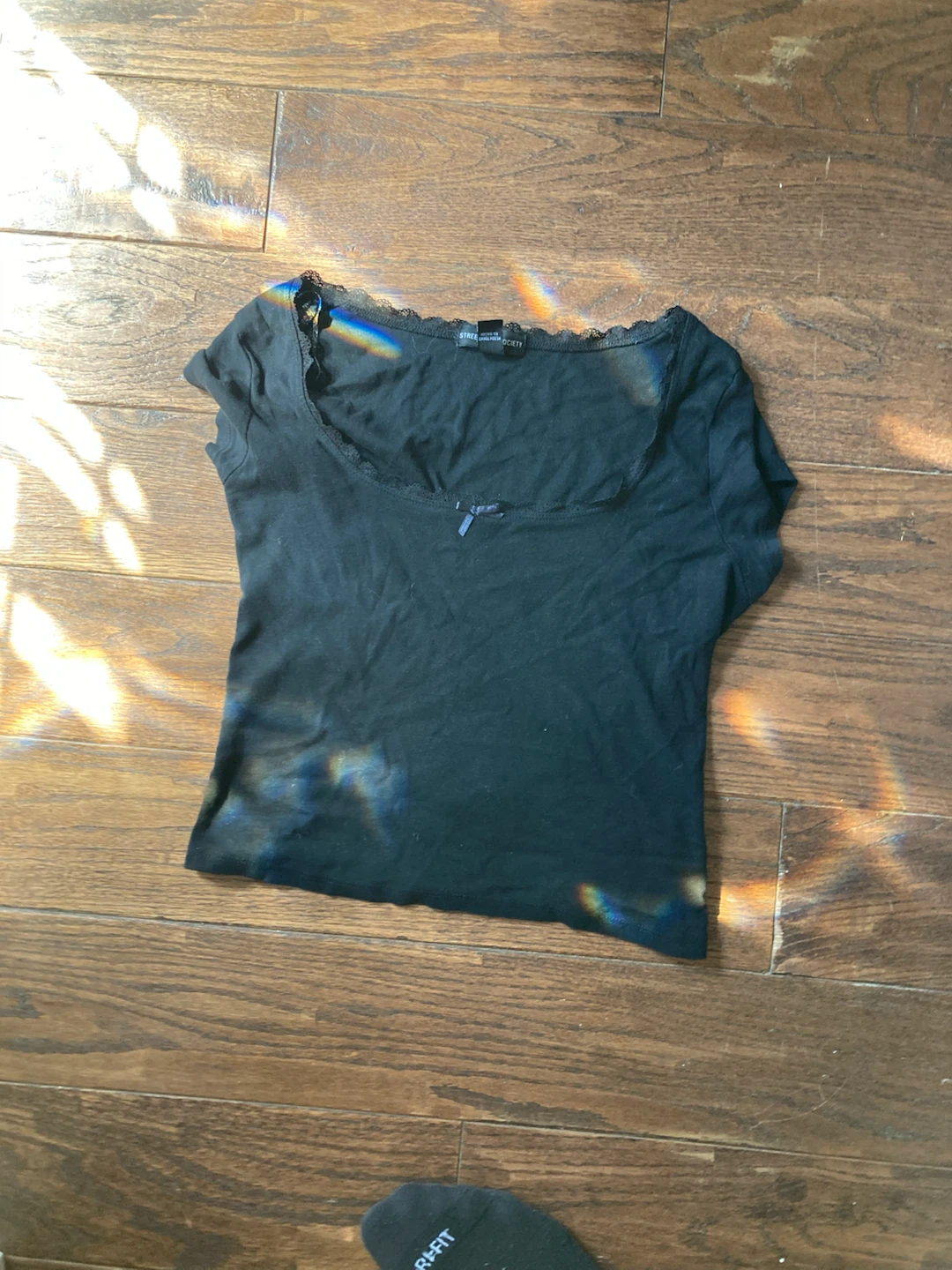 Black Short Sleeve Lace Trim Top
