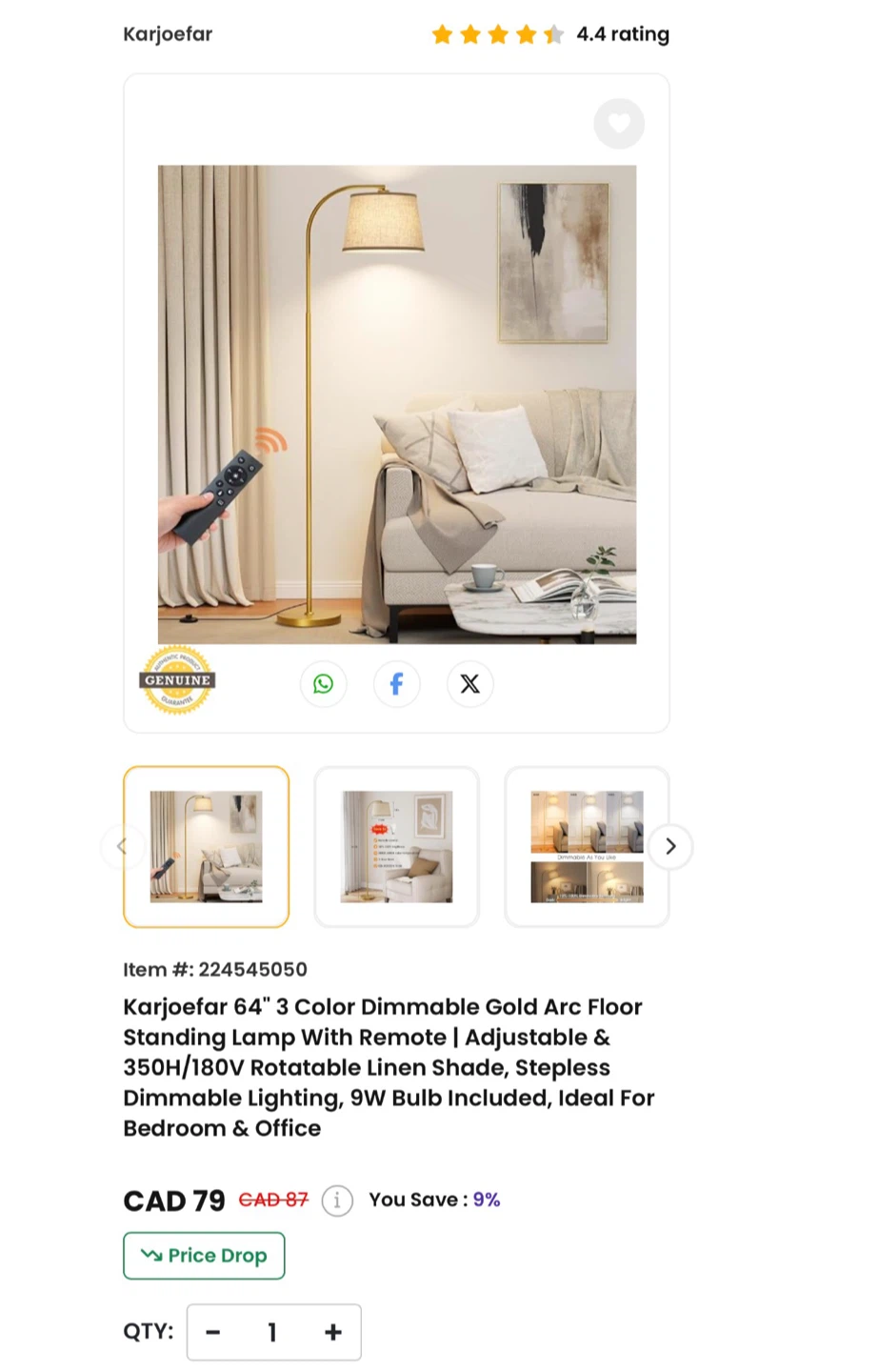 Karjoefar Gold Arc Floor Standing Lamp