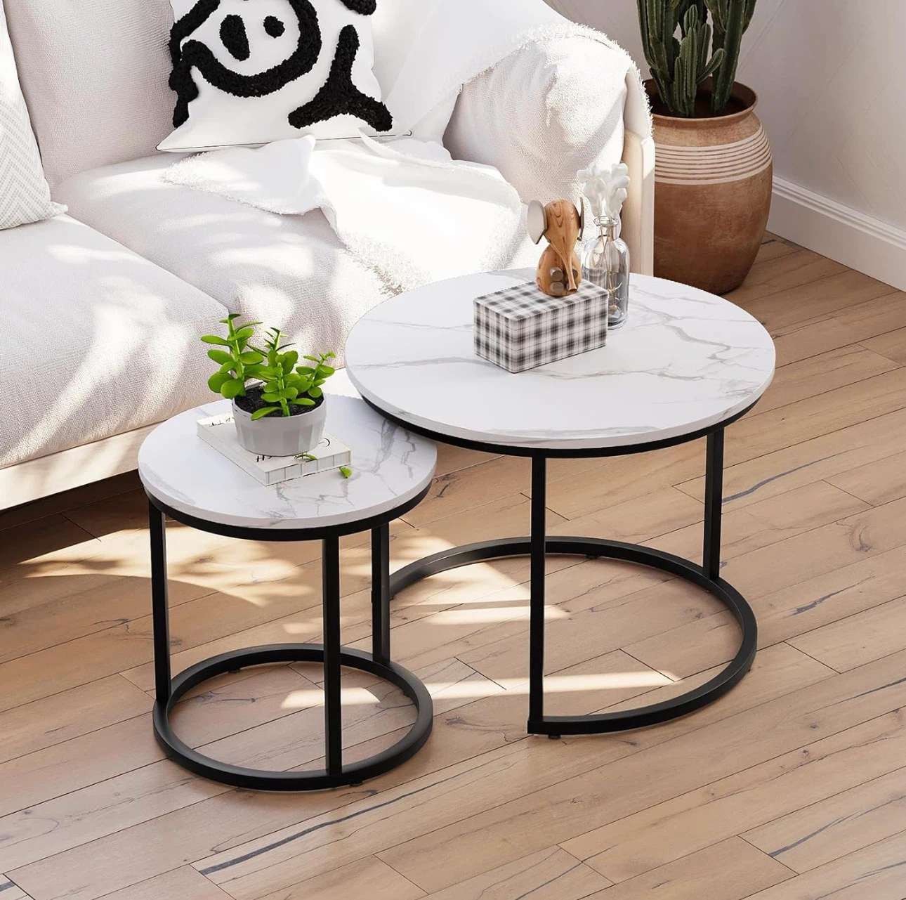 White Nesting Round Coffee Tables Set of 2 - Marble Look