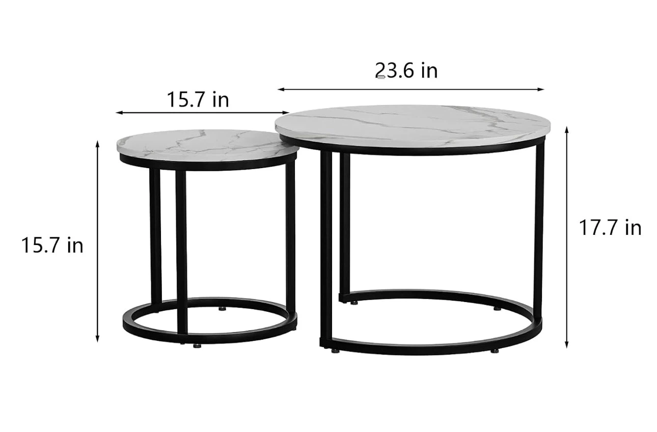 White Nesting Round Coffee Tables Set of 2 - Marble Look - photo 2