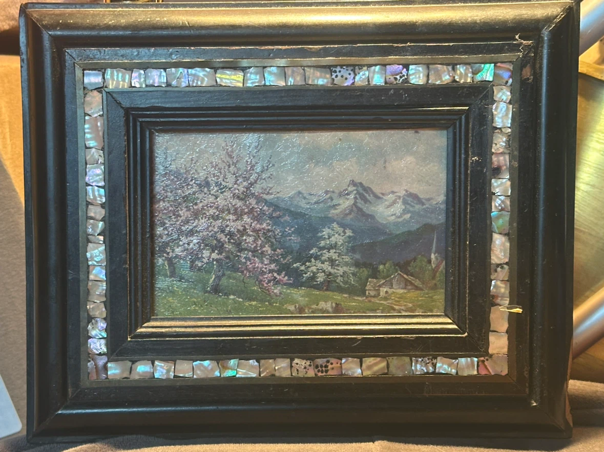 1941 German Alpine Postcard in Genuine Shell Mosaic Wood Frame