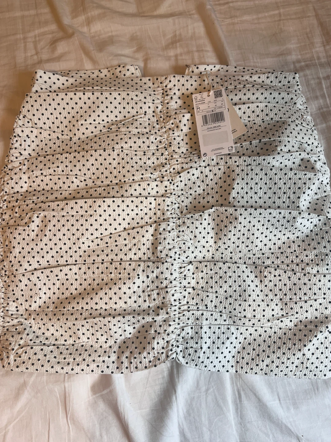 White Polka Dot Ruched Mini Skirt MANGO