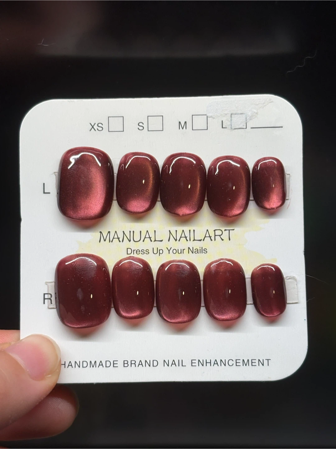 Manual Nail Art Press On Nails - Burgundy Cat Eye - Size medium