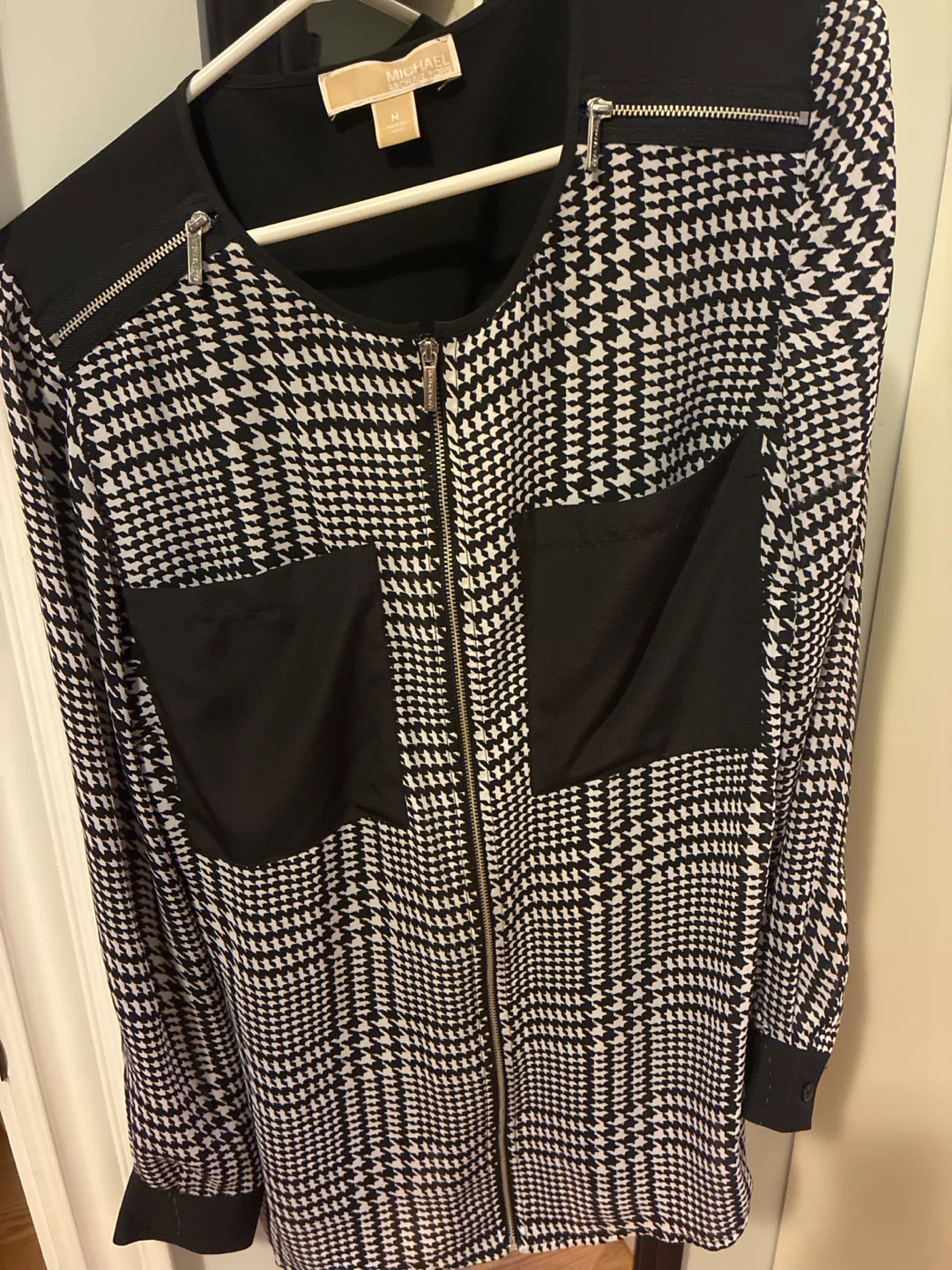 Michael Kors Houndstooth Zip-Up Blouse - Size M