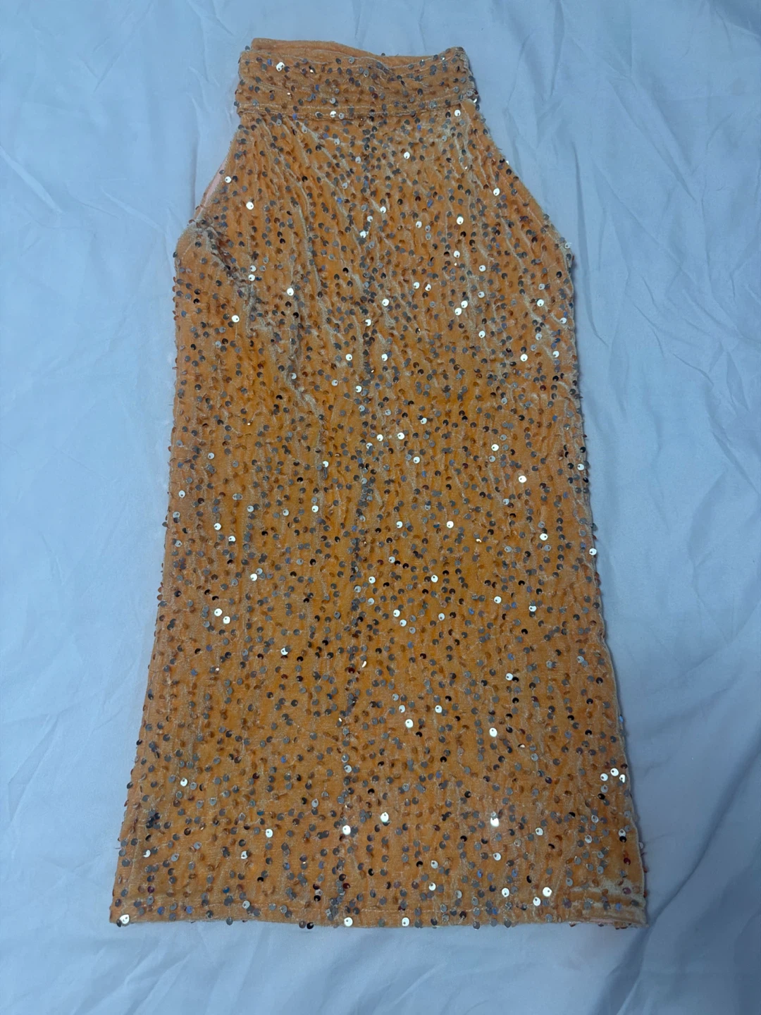 Orange Sequin Velvet Halter Dress