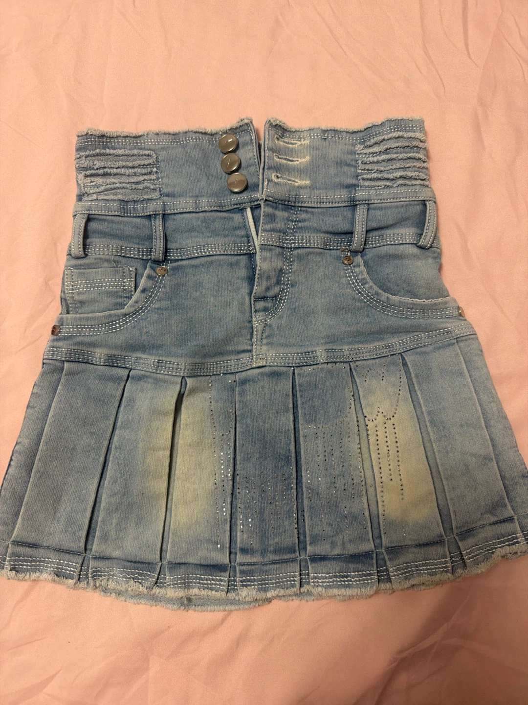 Denim Pleated Skirt with Rhinestones