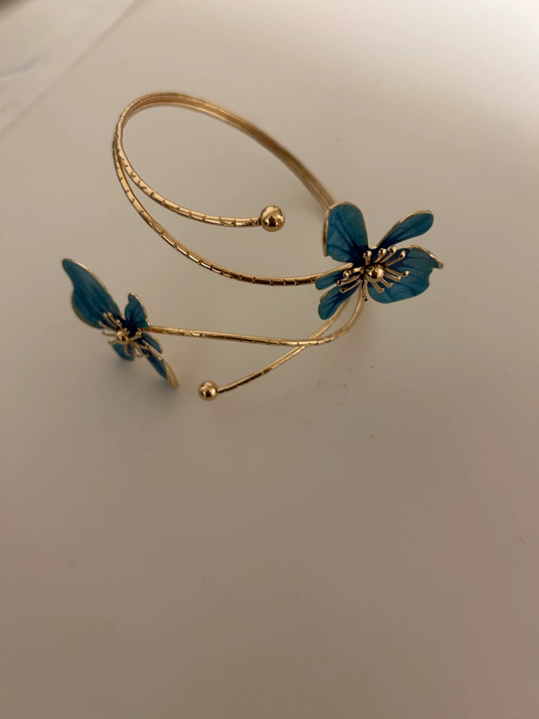 Gold Tone Blue Enamel Flower Arm Cuff Bracelet
