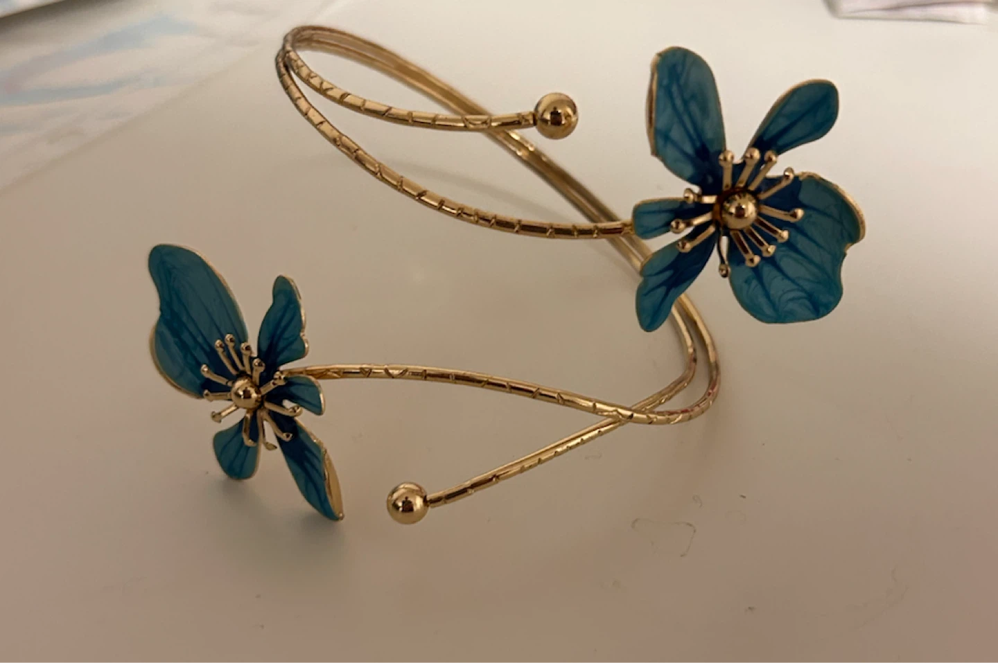 Gold Tone Blue Enamel Flower Arm Cuff Bracelet - photo 2