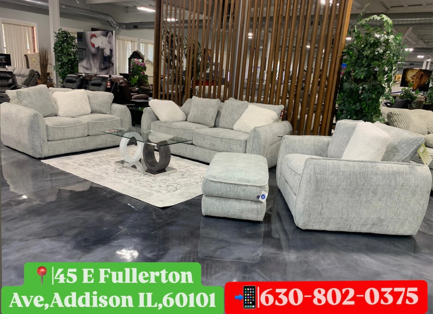 Gray Upholstered Sofa Set with Ottoman