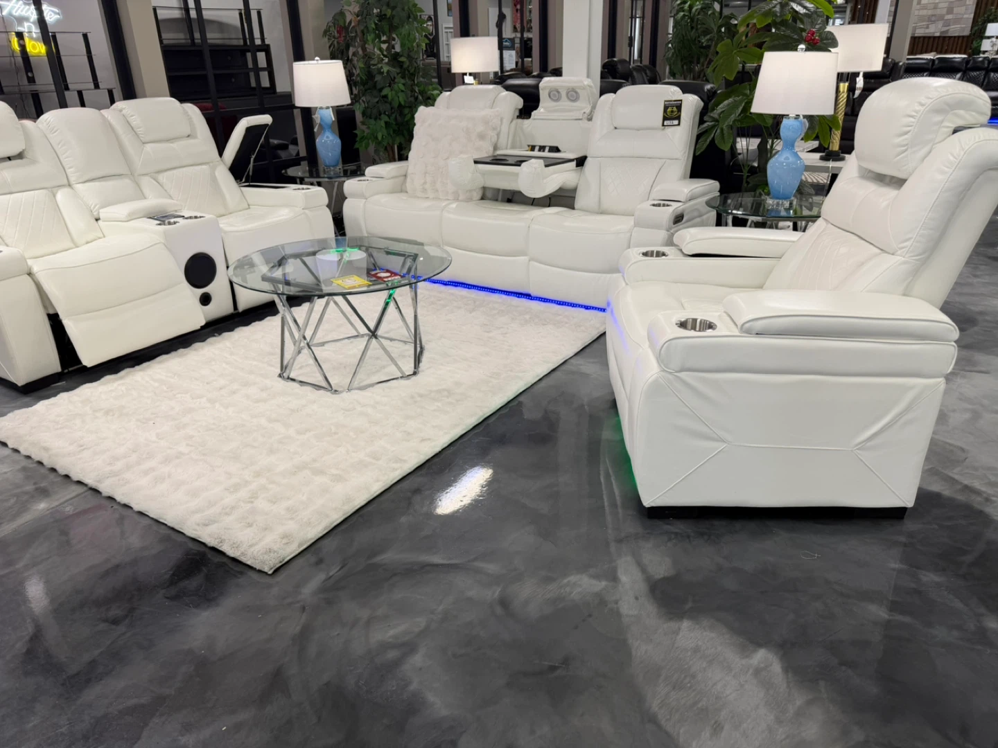 White Leather Reclining Sofa with Cup Holders