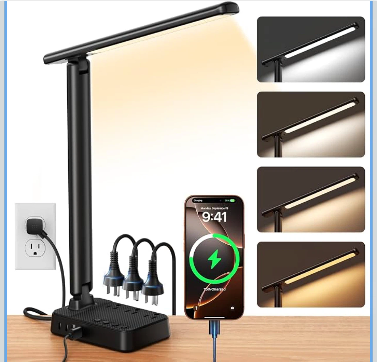 LED Desk Lamp with Power Strip, 3 AC Outlets