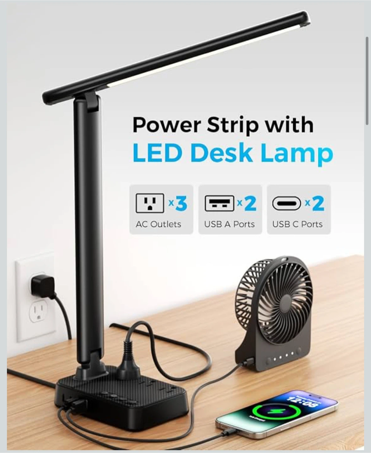 LED Desk Lamp with Power Strip, 3 AC Outlets - photo 2