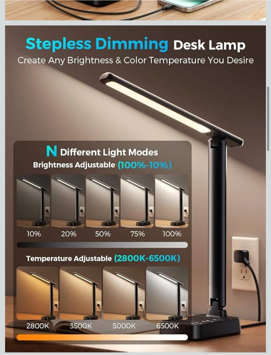 LED Desk Lamp with Power Strip, 3 AC Outlets - photo 3