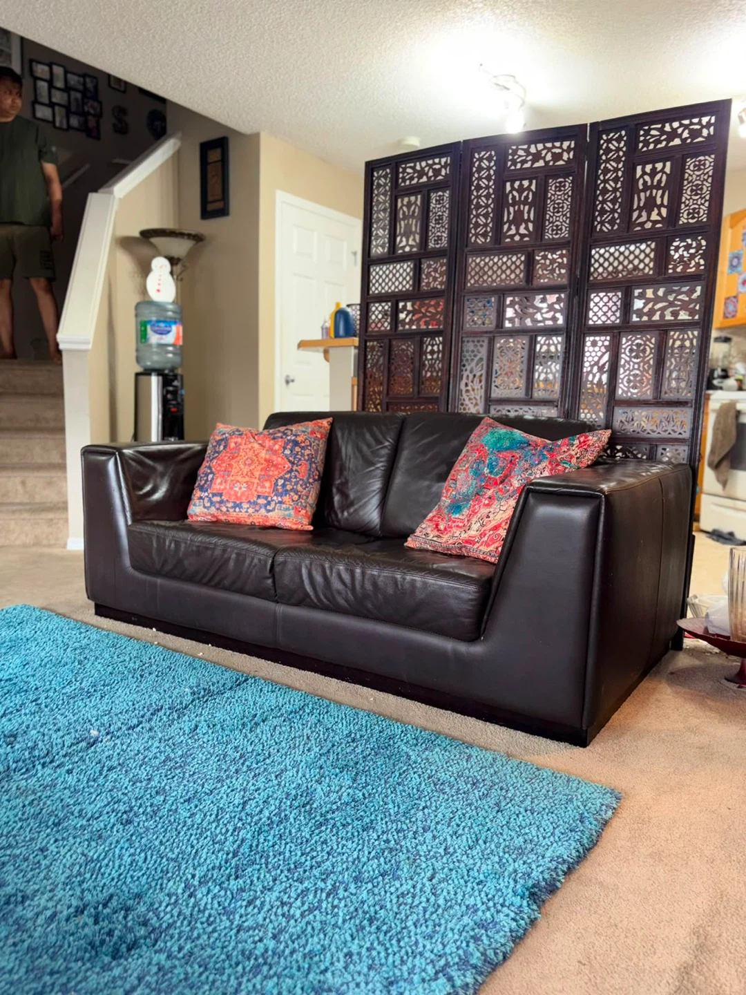 Brown Leather Couch with Pillows