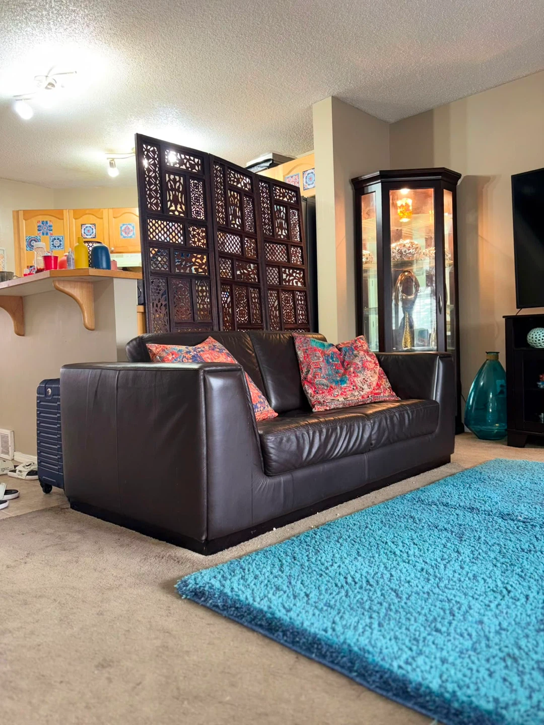 Brown Leather Couch with Pillows - photo 2