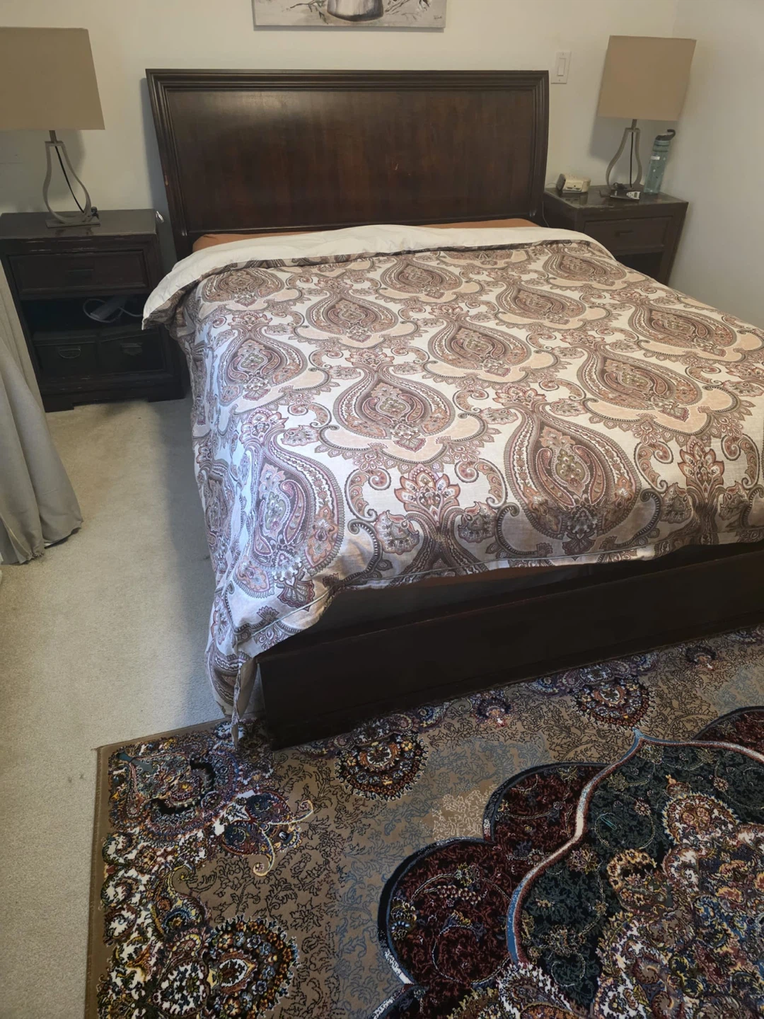 Dark Wood Queen Bed Frame with BOX and Mattress