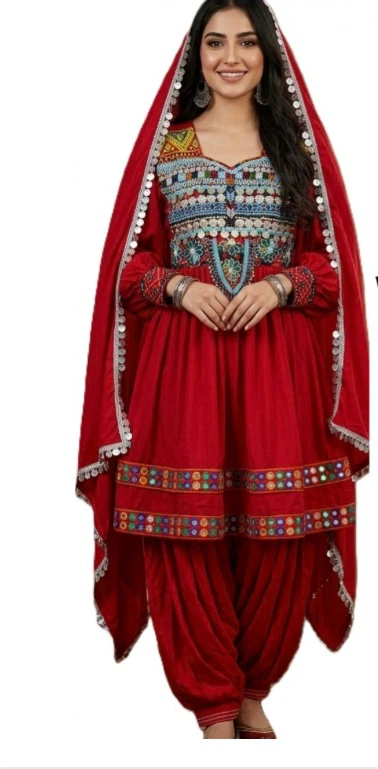 Red Embroidered Afghan Dress with Pants and Scarf
