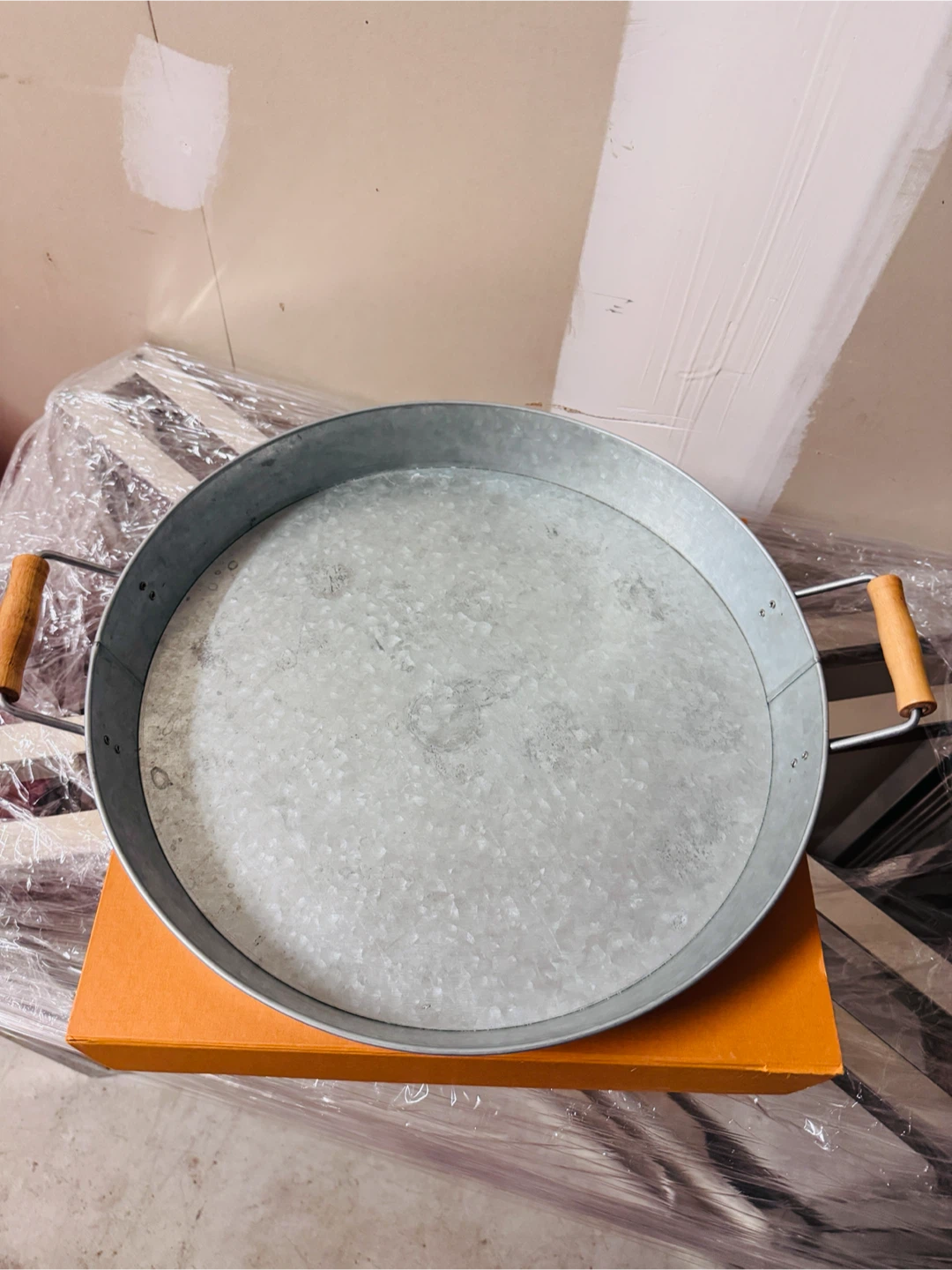 Galvanized Metal Serving Tray with Wooden Handles