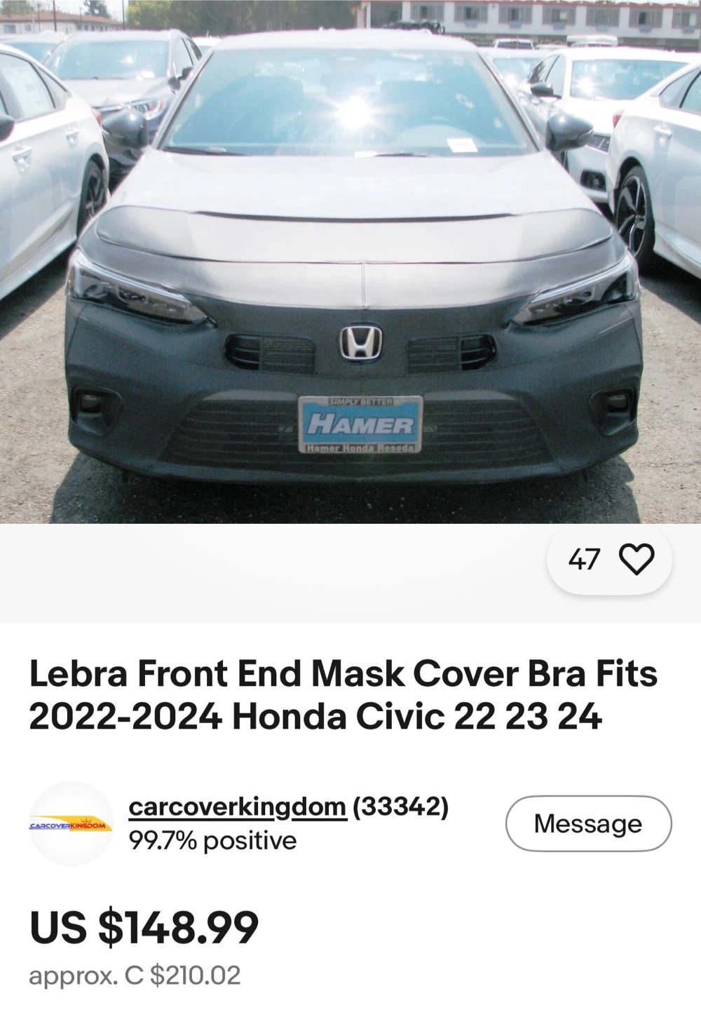 LeBra Front End Mask Cover Bra for 2022-2024 Honda Civic