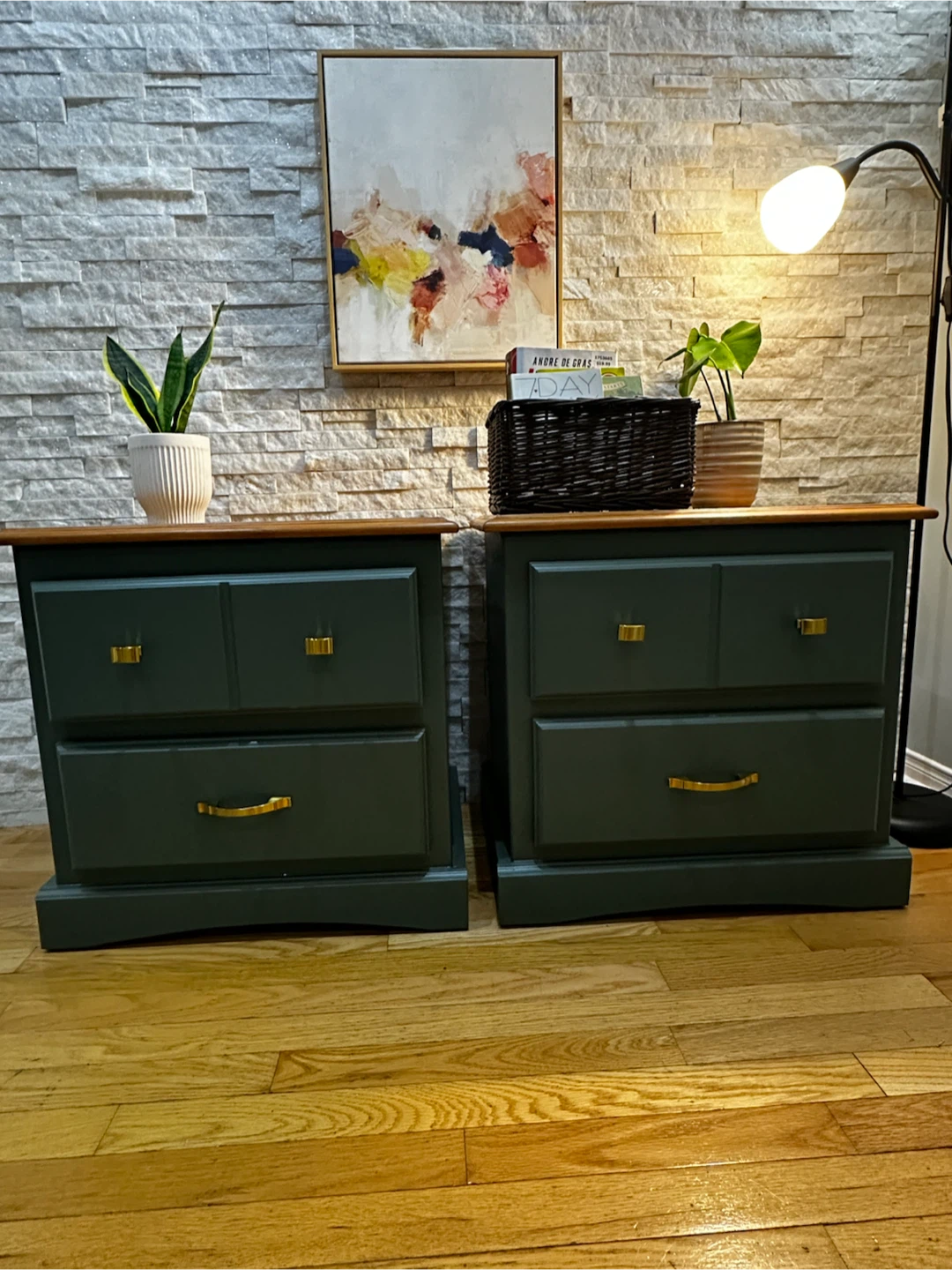 Refinished Modern Green Nightstands with Solid Wood Tops