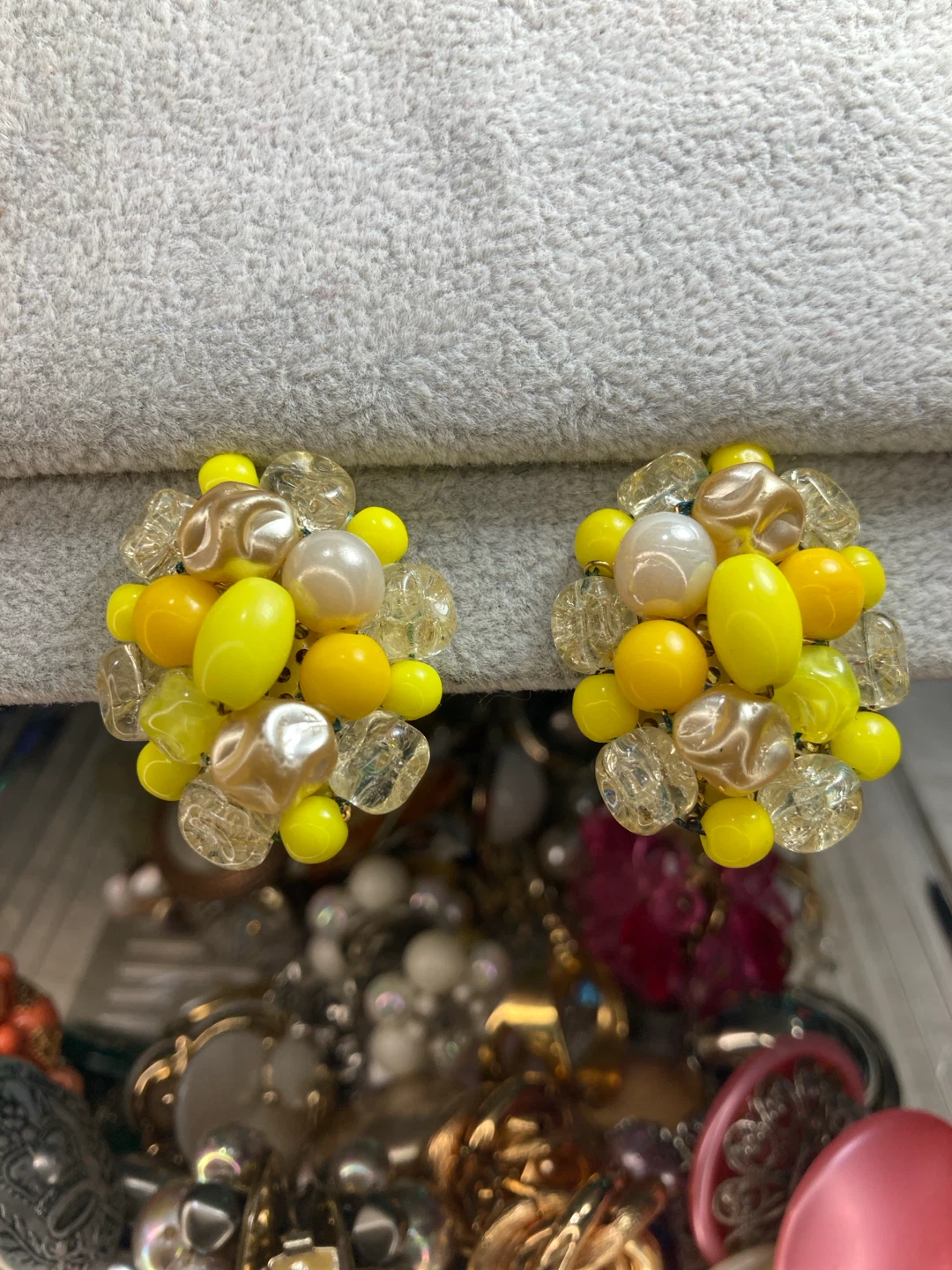 Vintage Yellow Beaded Clip-On Earrings
