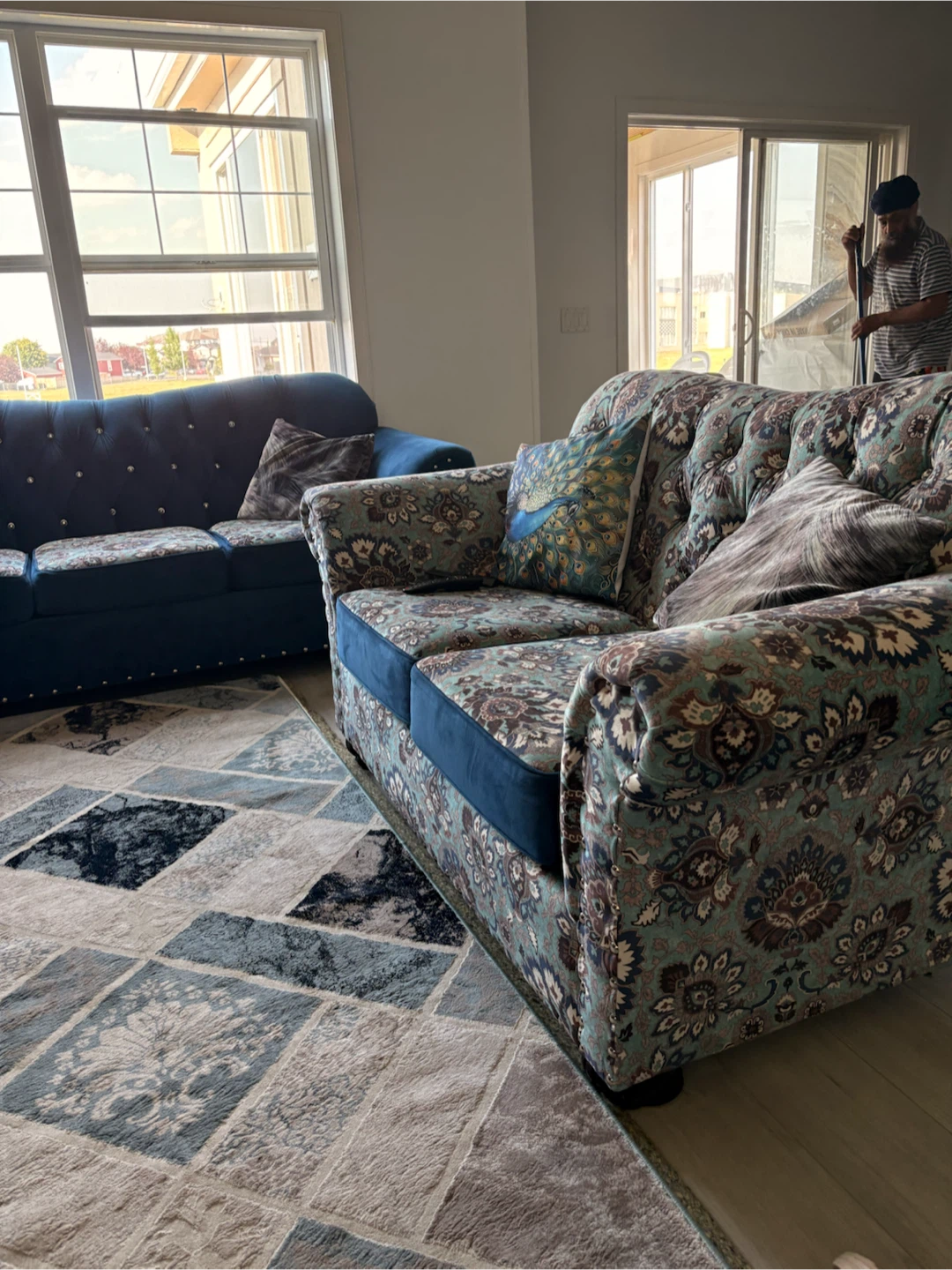 Blue Tufted Sofa with Decorative Pillows - photo 2