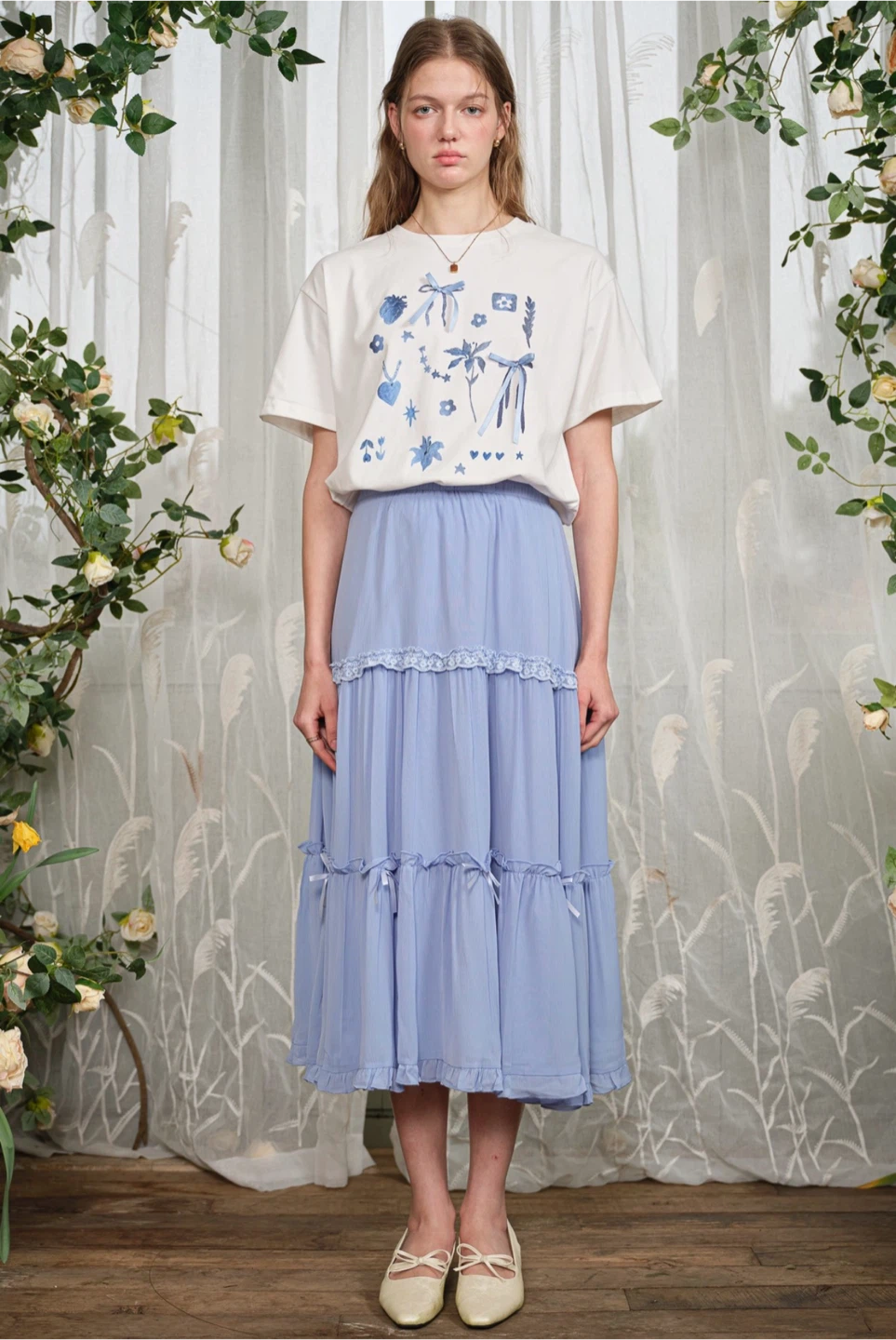 Light Blue Tiered Maxi Skirt with Bows
