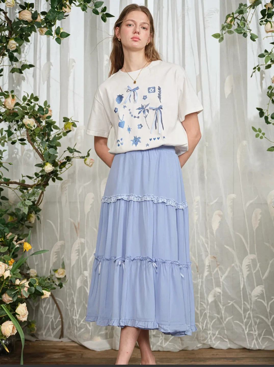 Light Blue Tiered Maxi Skirt with Bows - photo 2