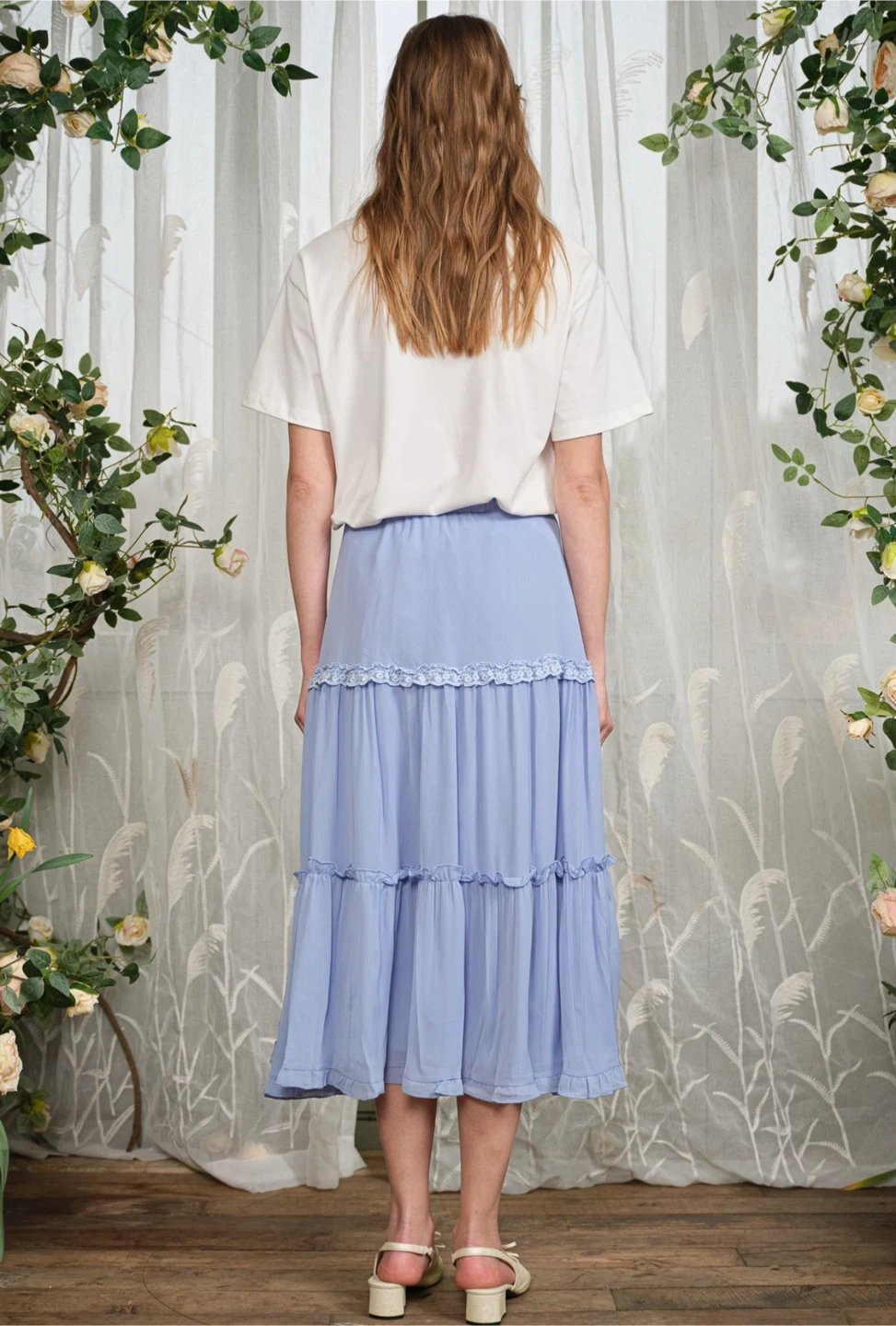Light Blue Tiered Maxi Skirt with Bows - photo 3